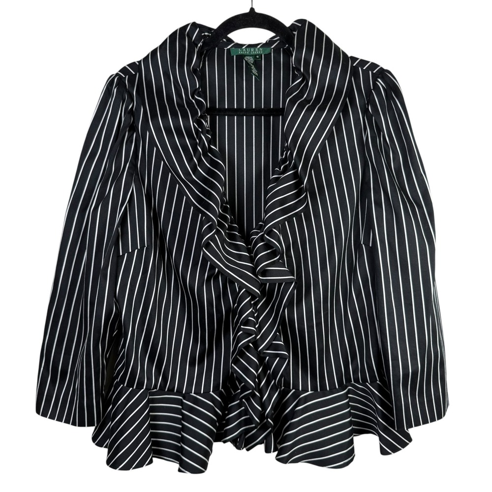 Lauren Ralph Lauren Black Striped Ruffle Blouse Pima Cotton Silk Size 16